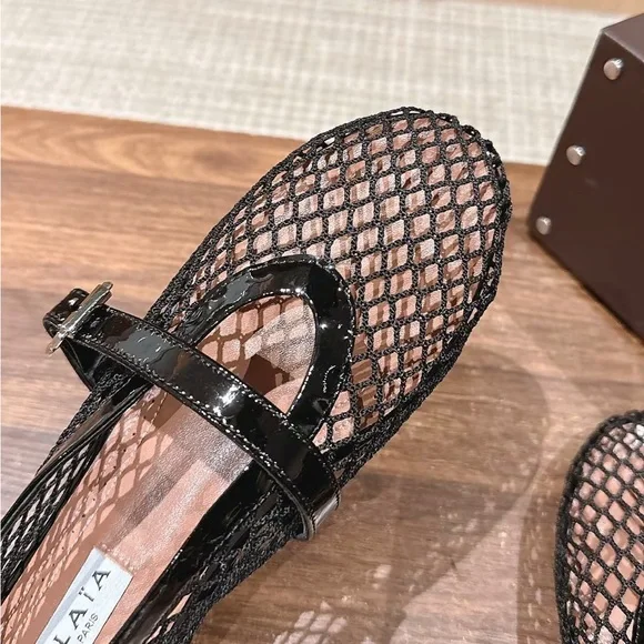 Alaia Black Mesh Mary Jane Flats with Patent Strap - Picture 3 of 7